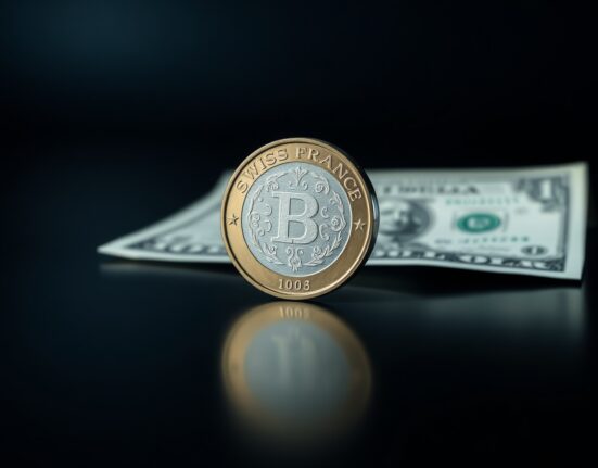 Swiss Franc coin standing on a reflective surface with a blurred US Dollar bill in the background.