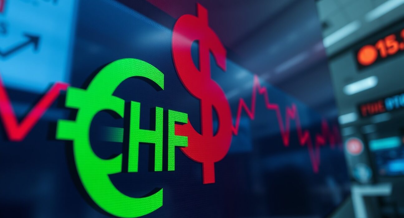 Digital currency board showing Swiss Franc (CHF) gaining against the US Dollar (USD) after weak jobs report.