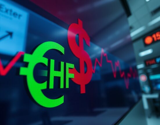 Digital currency board showing Swiss Franc (CHF) gaining against the US Dollar (USD) after weak jobs report.