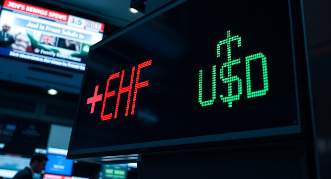 Currency exchange board showing Swiss Franc and US Dollar symbols with fluctuating rates in a financial trading environment.