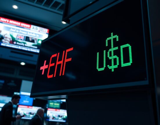 Currency exchange board showing Swiss Franc and US Dollar symbols with fluctuating rates in a financial trading environment.