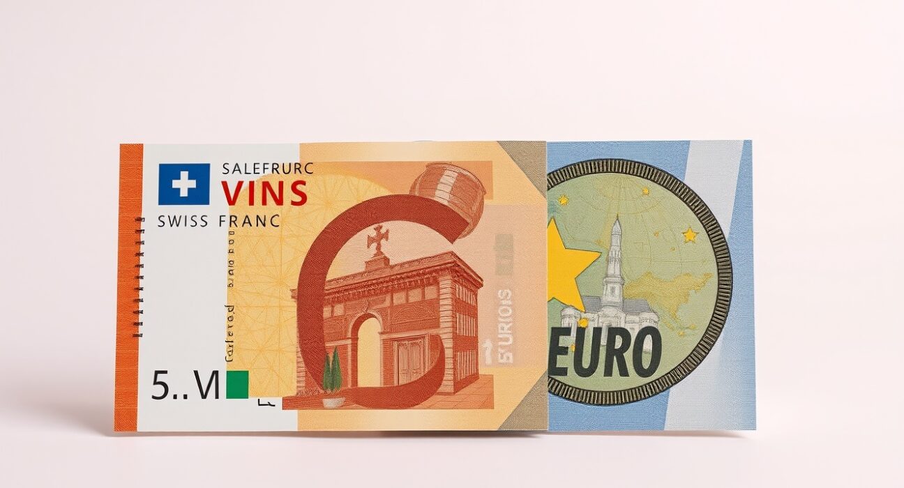 Swiss franc and euro banknotes side by side with financial charts in background