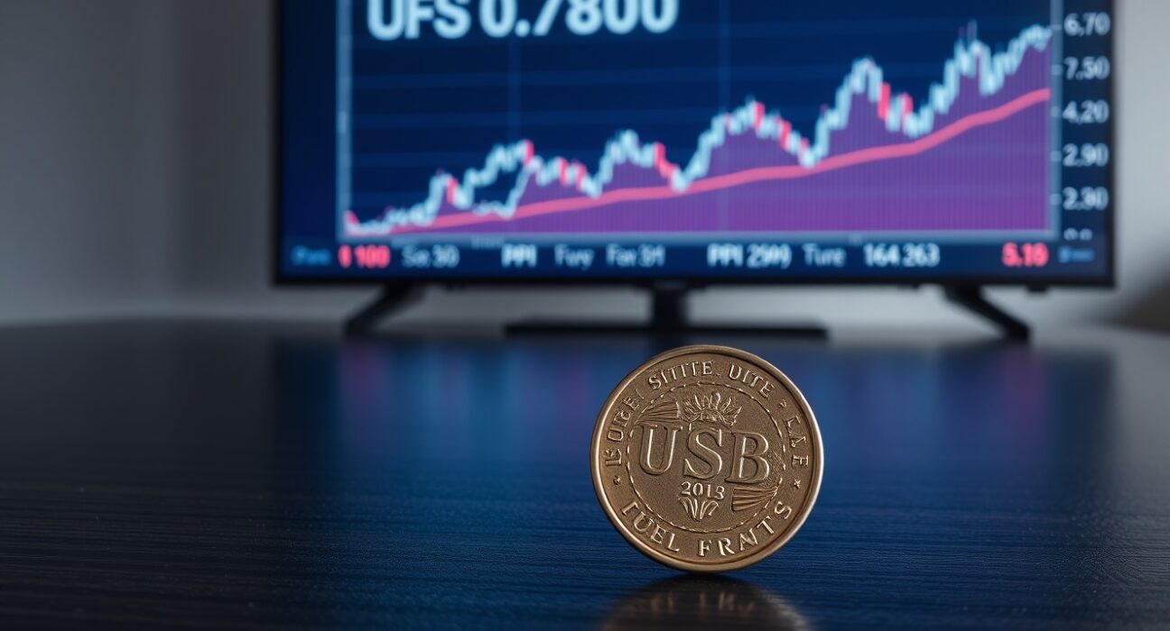 Swiss Franc coin on wood surface with digital forex chart showing USD/CHP near 0.7800 in background