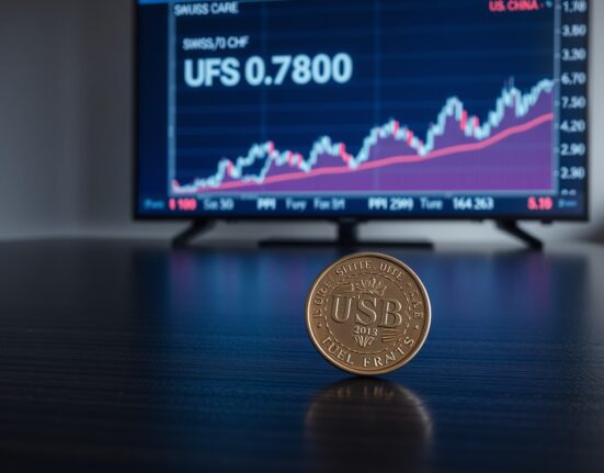 Swiss Franc coin on wood surface with digital forex chart showing USD/CHP near 0.7800 in background