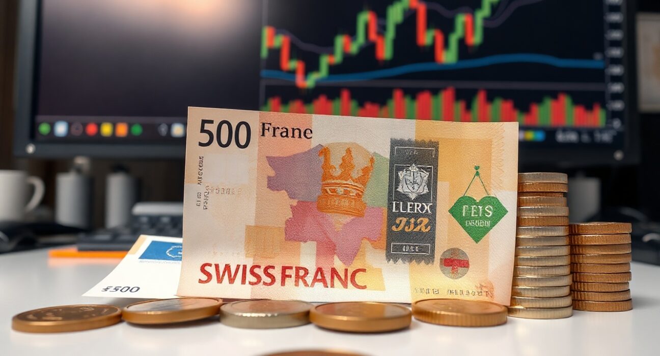Swiss Franc banknotes and coins on a desk with a financial chart in the background