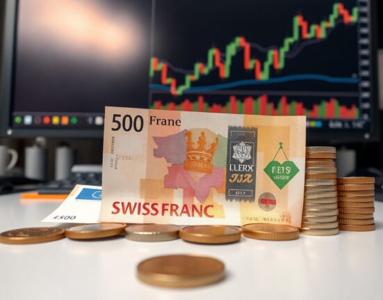 Swiss Franc banknotes and coins on a desk with a financial chart in the background