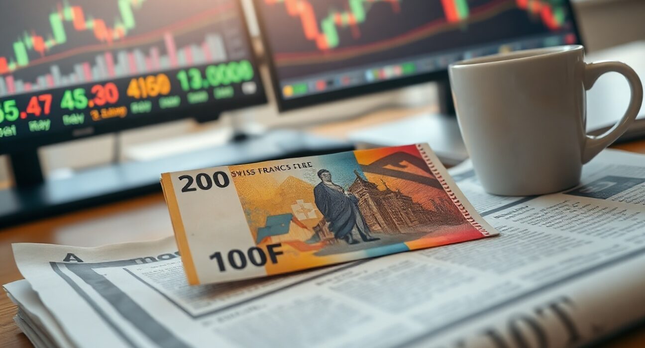 Swiss Franc banknote on financial newspaper with economic charts in background