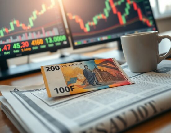 Swiss Franc banknote on financial newspaper with economic charts in background