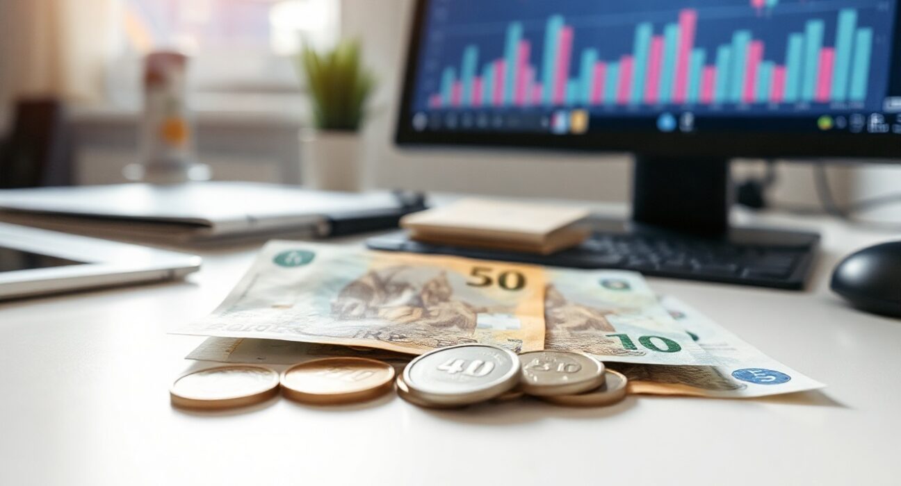 Swiss Franc banknotes and coins on a desk with a financial chart in the background