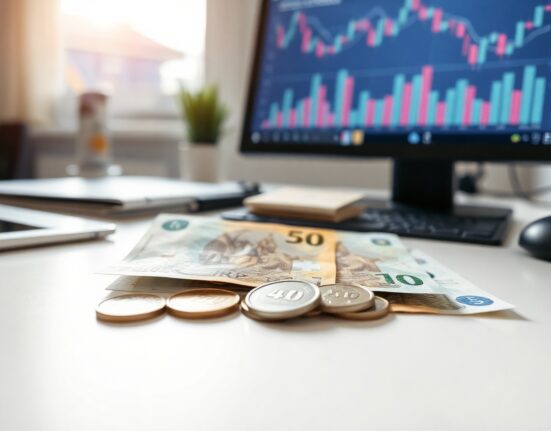 Swiss Franc banknotes and coins on a desk with a financial chart in the background