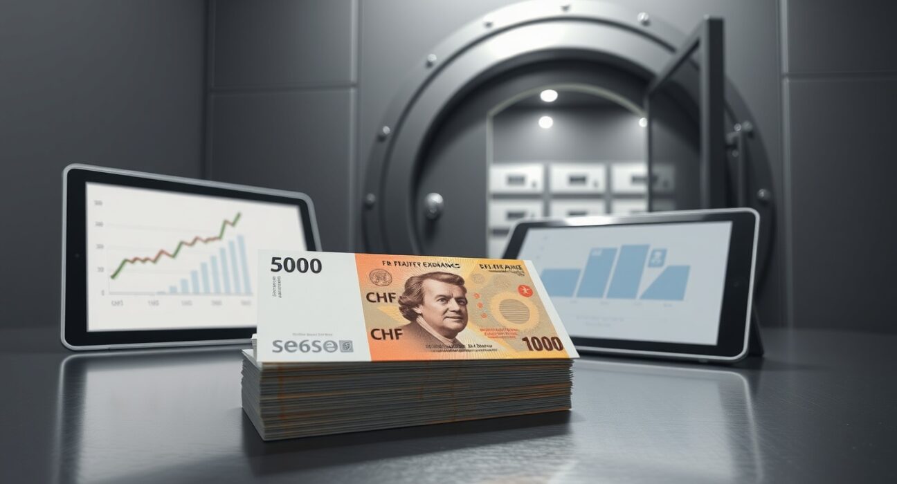 Analysis of Swiss franc banknotes and exchange charts representing SNB intervention and safe-haven status.