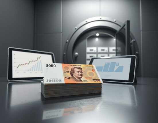 Analysis of Swiss franc banknotes and exchange charts representing SNB intervention and safe-haven status.