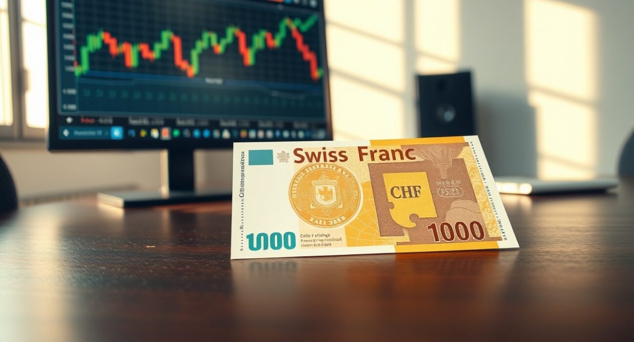 Swiss franc banknote with foreign exchange chart illustrating intervention risk analysis.