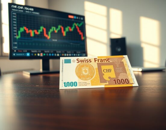 Swiss franc banknote with foreign exchange chart illustrating intervention risk analysis.