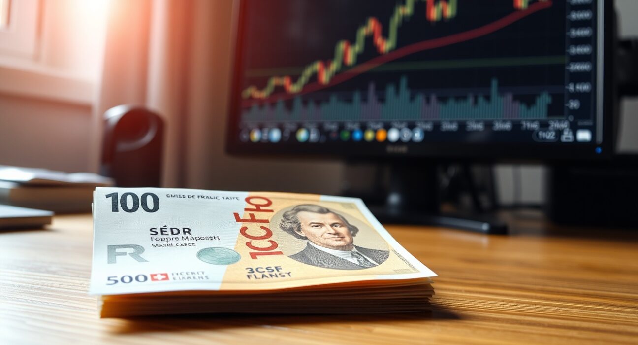 Swiss Franc banknote on desk with computer monitor showing forex chart