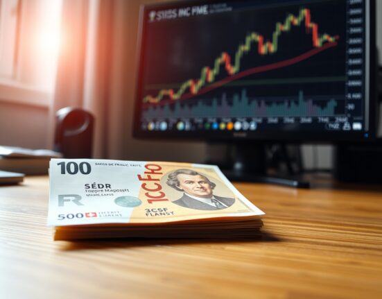 Swiss Franc banknote on desk with computer monitor showing forex chart