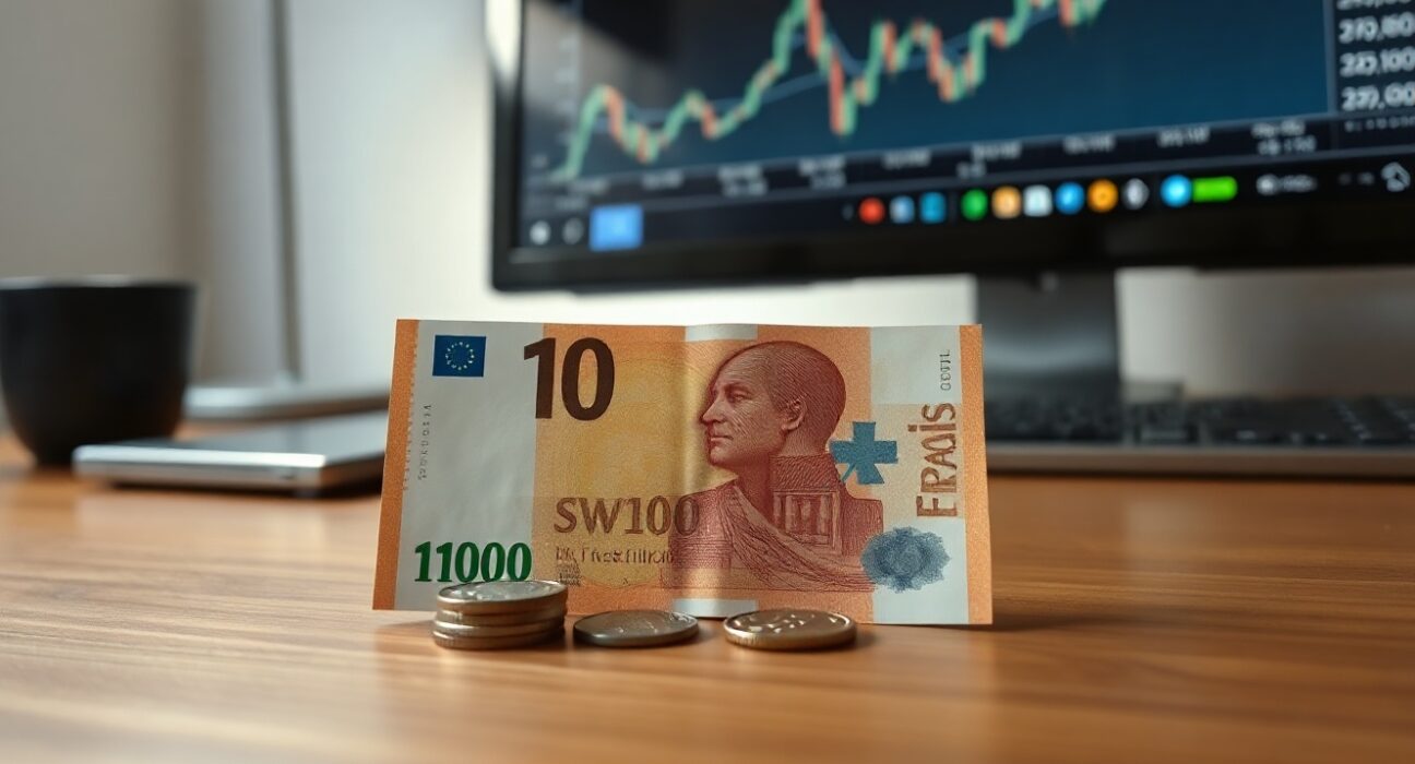 Swiss Franc banknotes and coins on a desk with a financial chart in the background