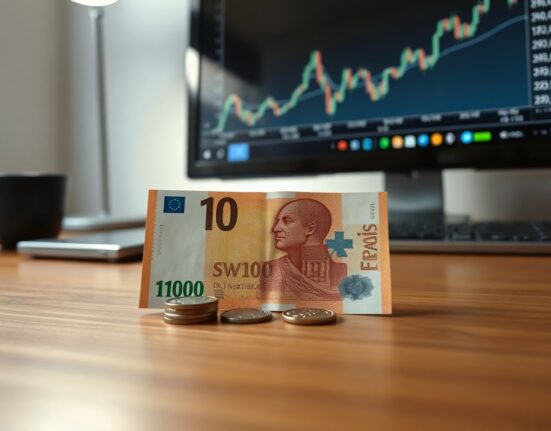 Swiss Franc banknotes and coins on a desk with a financial chart in the background