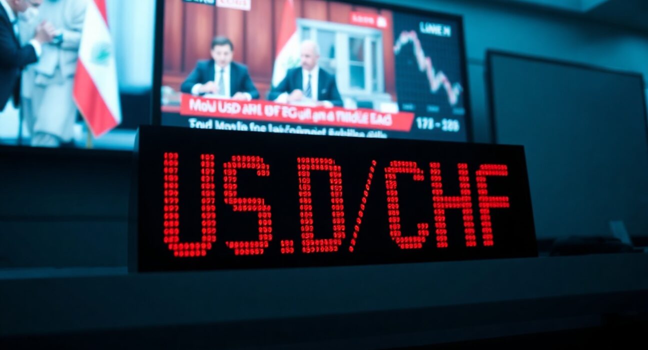 Currency exchange board showing USD/CHF decline with news of US-Iran tensions in the background.