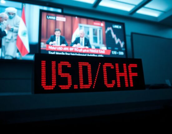 Currency exchange board showing USD/CHF decline with news of US-Iran tensions in the background.