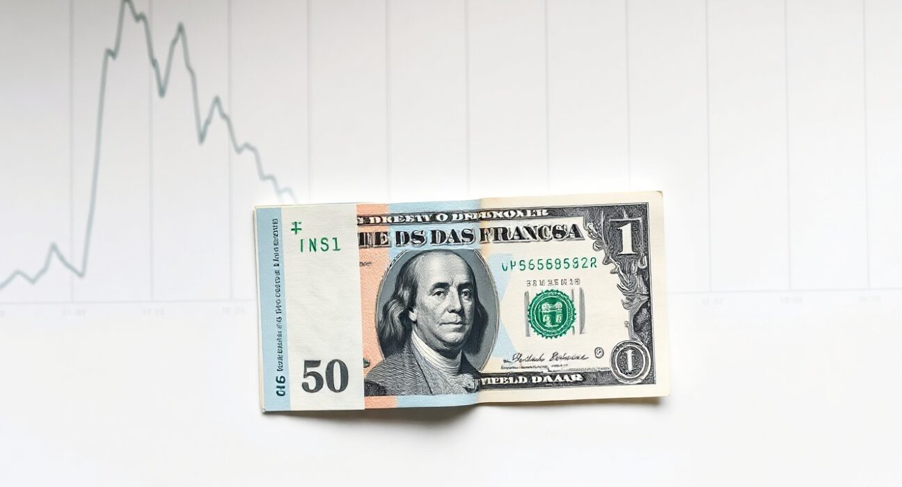 Swiss Franc and US Dollar banknotes on a financial chart background representing stable exchange rate range.