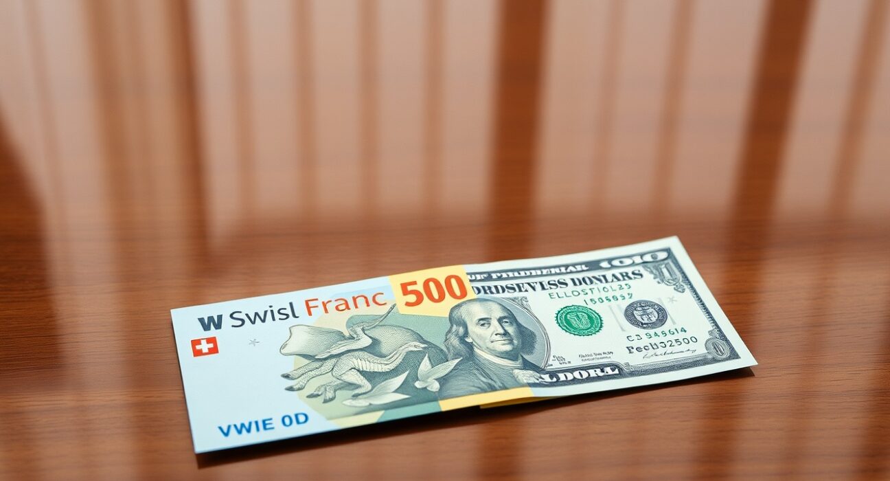 Swiss Franc and US Dollar banknotes on a desk with financial chart reflections in the background.
