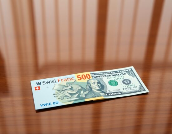Swiss Franc and US Dollar banknotes on a desk with financial chart reflections in the background.
