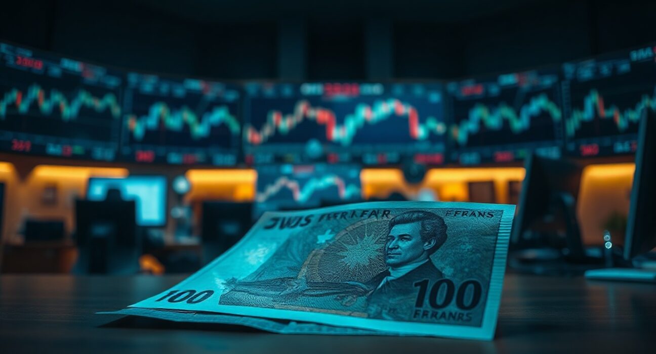Swiss franc banknote on a trading desk with financial charts on monitors