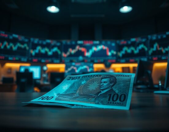 Swiss franc banknote on a trading desk with financial charts on monitors