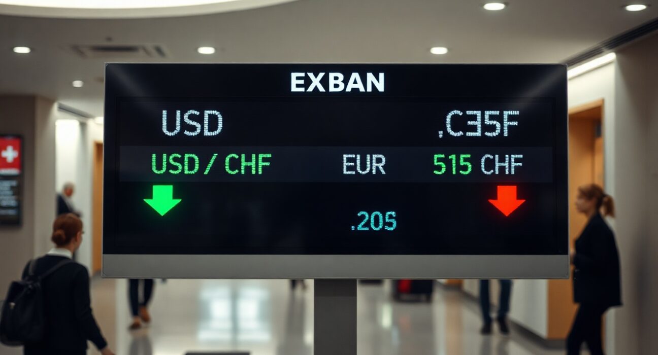 Currency exchange board showing mixed Swiss franc rates against US dollar and euro
