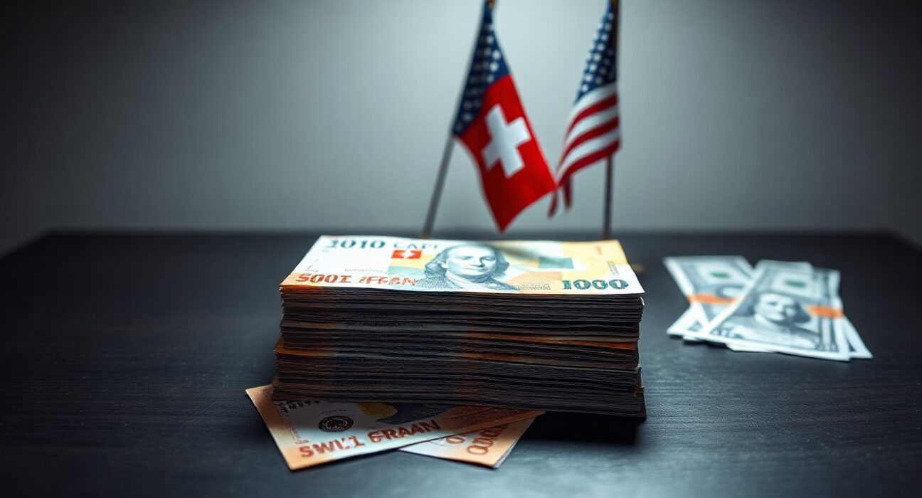 Swiss Franc and US dollar banknotes on a table with flags in the background.