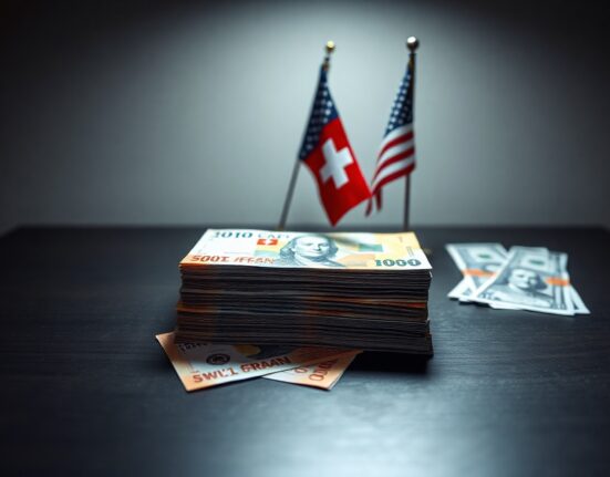 Swiss Franc and US dollar banknotes on a table with flags in the background.