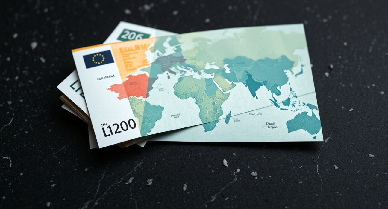 Swiss Franc banknotes analyzed against a backdrop of global geopolitical tension zones.
