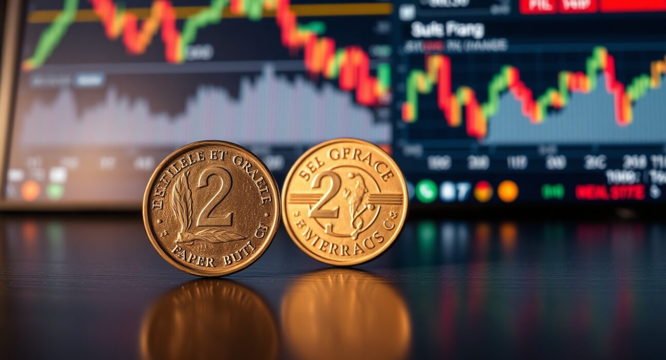 Swiss Franc coin standing upright on a wooden surface with blurred financial charts in the background.