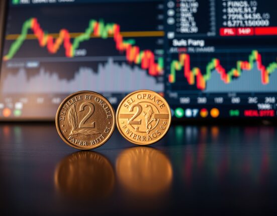 Swiss Franc coin standing upright on a wooden surface with blurred financial charts in the background.