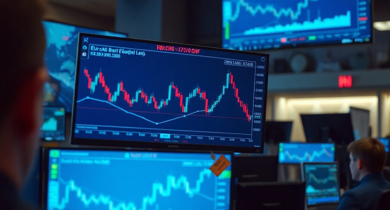 A financial trading desk with a EUR/CHF chart showing sideways movement near 0.9200.