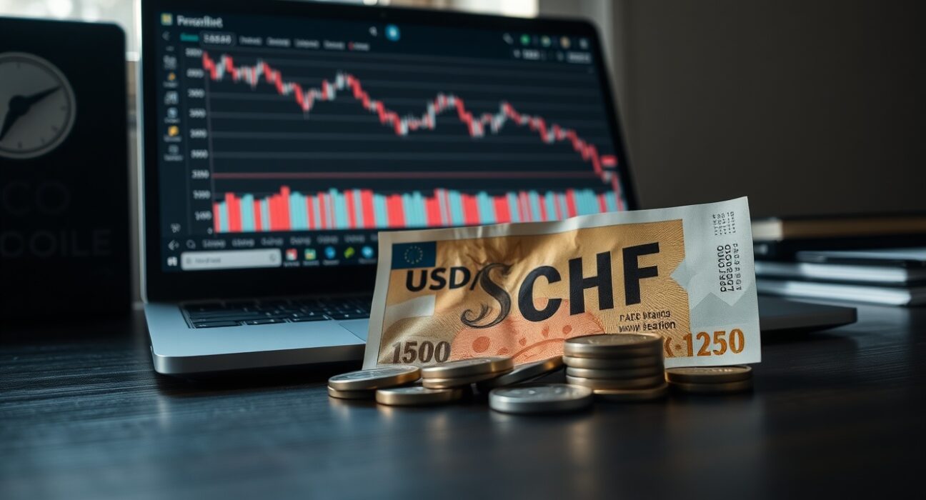 Swiss Franc banknotes and coins on a desk with a laptop showing a declining forex chart.