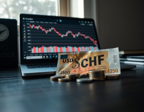 Swiss Franc banknotes and coins on a desk with a laptop showing a declining forex chart.