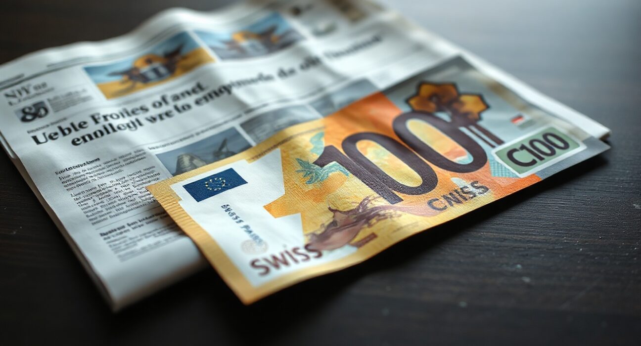 Swiss Franc 100 CHF banknote on desk with financial newspaper