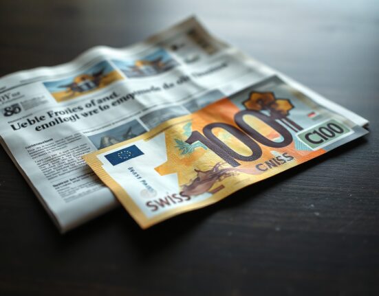 Swiss Franc 100 CHF banknote on desk with financial newspaper