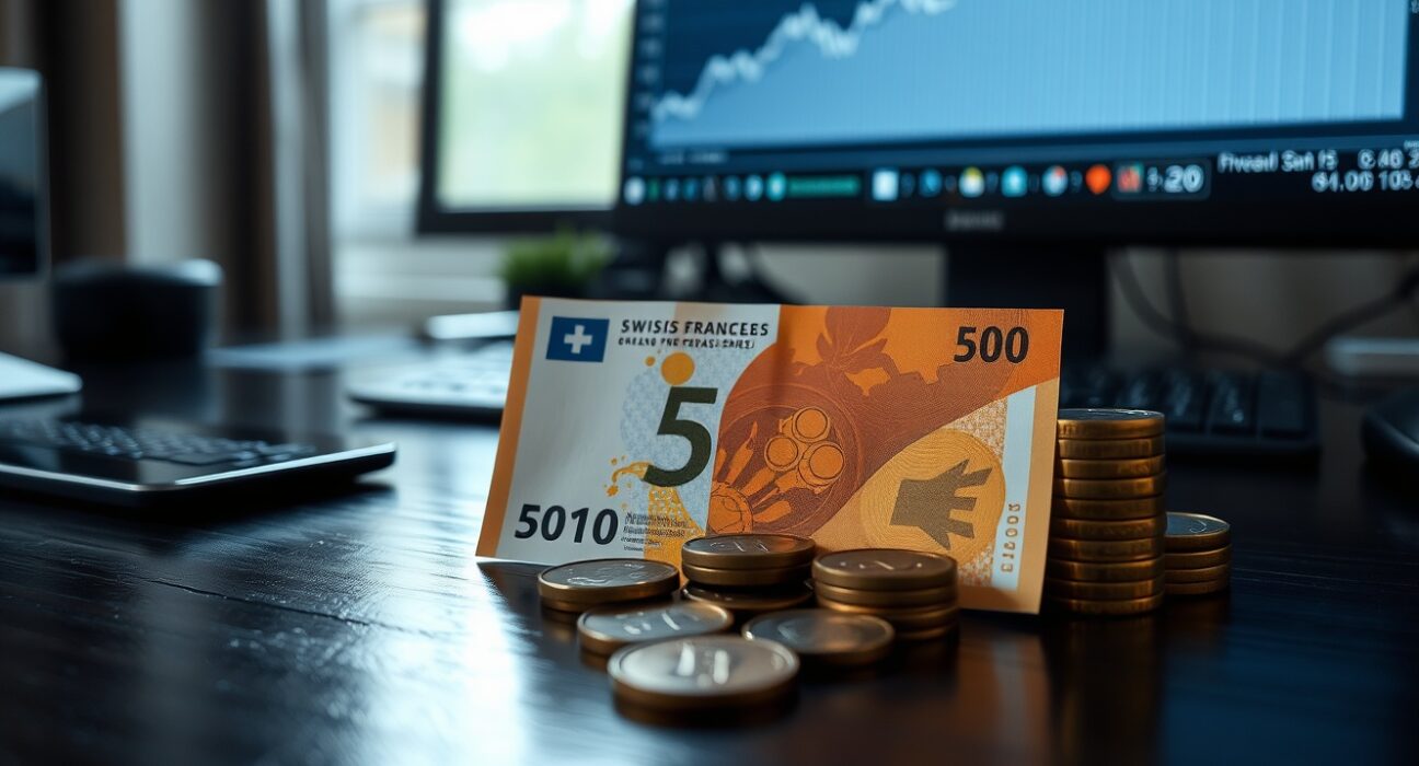 Swiss Franc banknotes and coins on a desk with a financial chart in the background