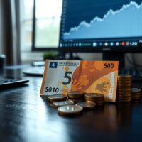 Swiss Franc banknotes and coins on a desk with a financial chart in the background