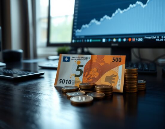 Swiss Franc banknotes and coins on a desk with a financial chart in the background