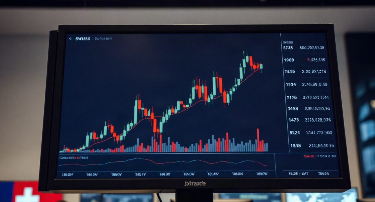 Trading screen showing currency chart with Swiss and US flags in background