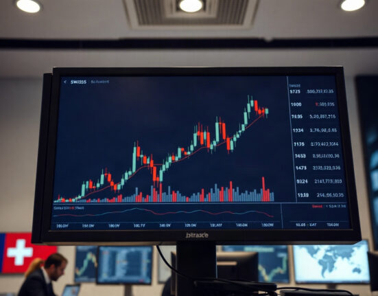 Trading screen showing currency chart with Swiss and US flags in background