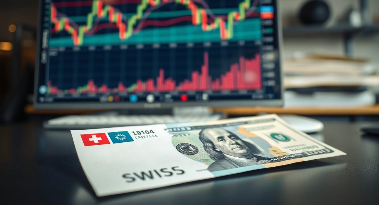 Swiss franc and US dollar banknotes on a trading desk with charts in the background