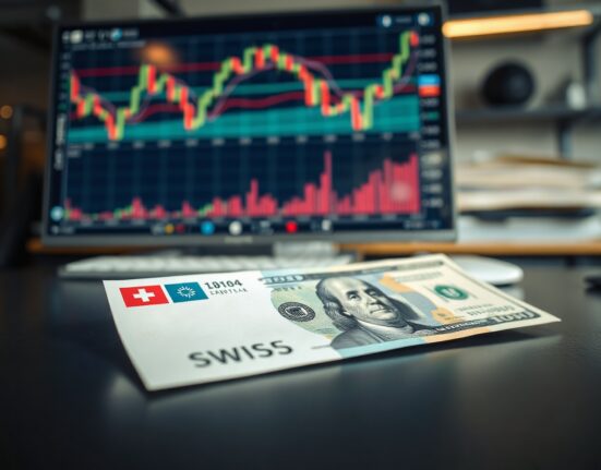Swiss franc and US dollar banknotes on a trading desk with charts in the background