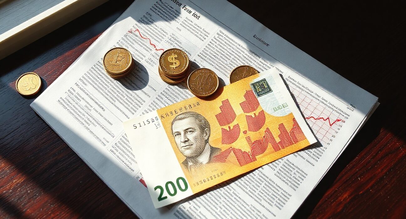 Swiss franc banknotes and coins on a desk with a financial chart in background