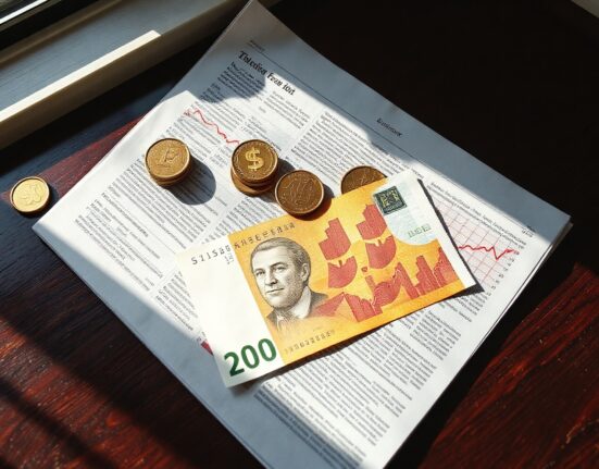 Swiss franc banknotes and coins on a desk with a financial chart in background
