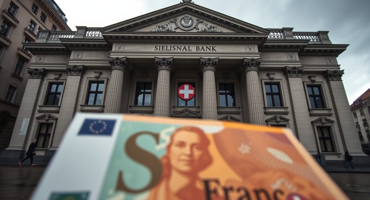 Swiss National Bank building in Bern on a cloudy day, representing Swiss franc monetary policy